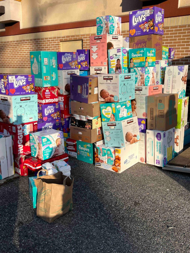 Stacks of boxes of donated items